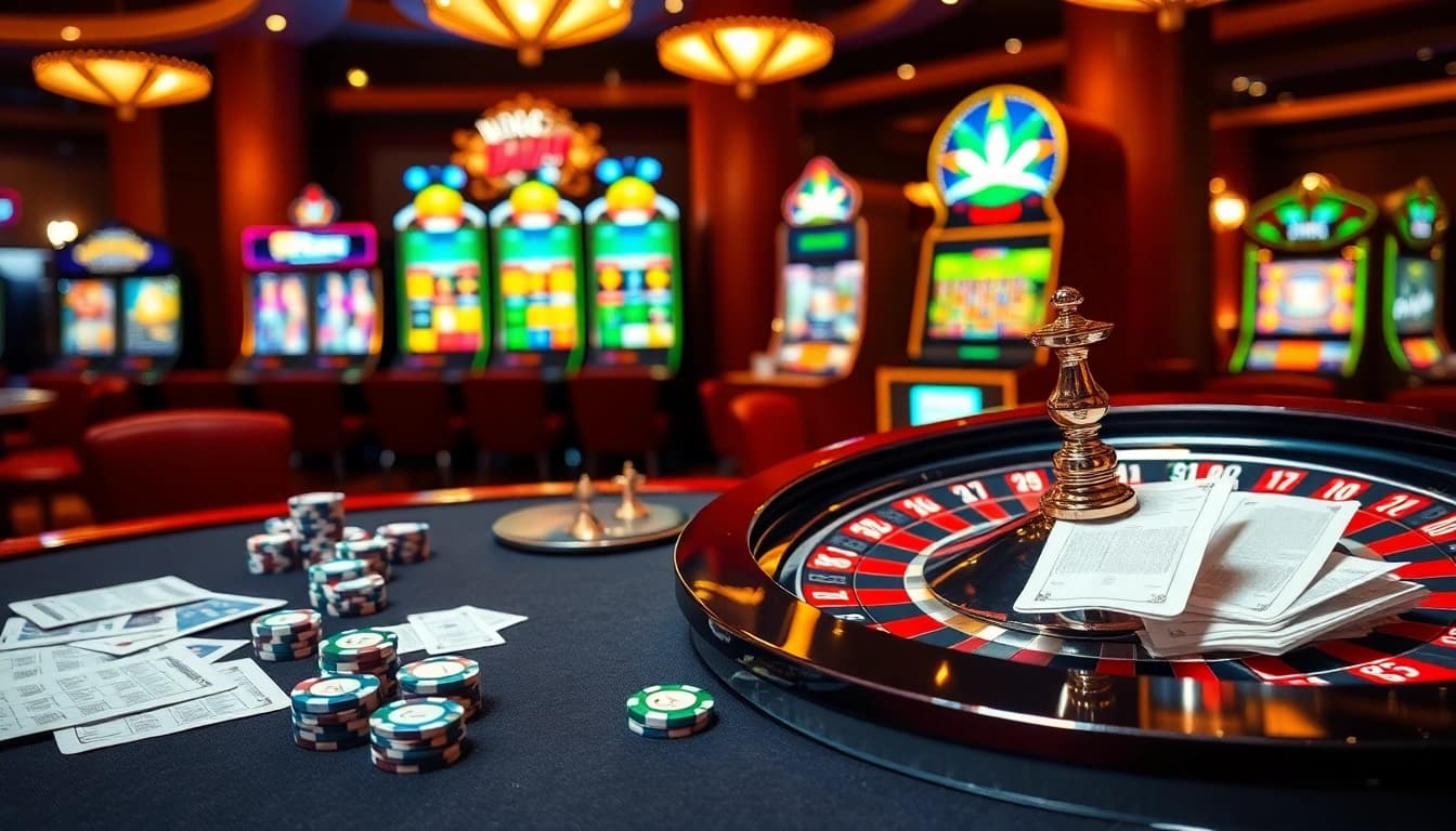 Experience the excitement of gambling with mm88 report at a luxurious casino table filled with vibrant poker chips and cards.
