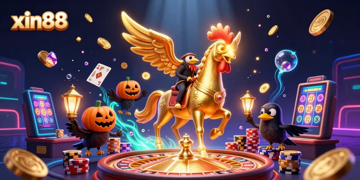 Win rewards at xin88's dazzling casino with a golden rooster riding a spectral horse and treasure!