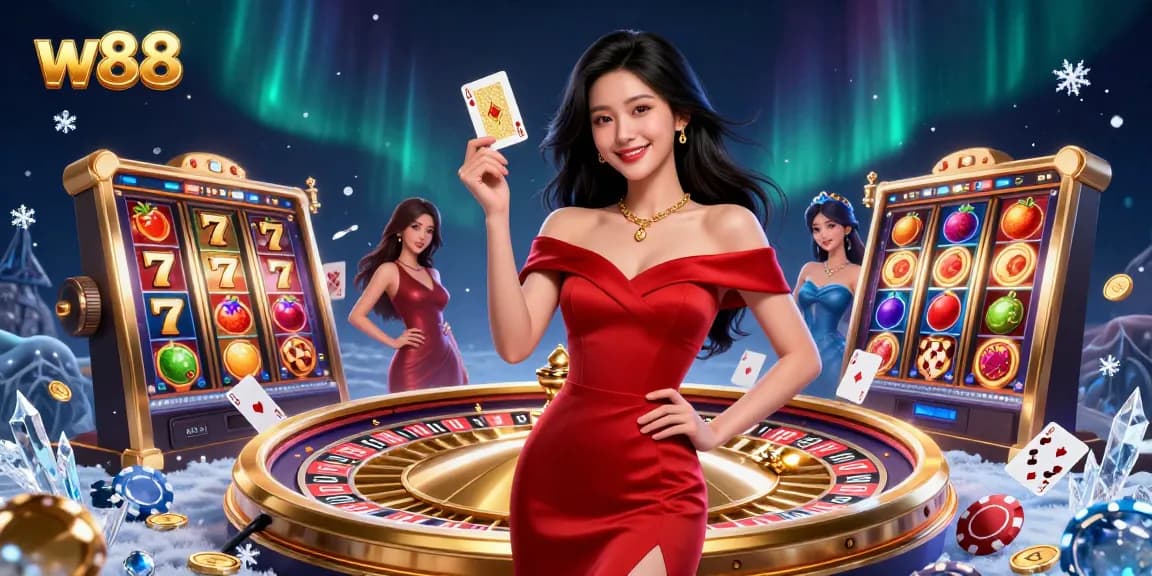 Experience the excitement of w88 with a beautiful woman beside a roulette wheel, symbolizing thrilling gameplay.