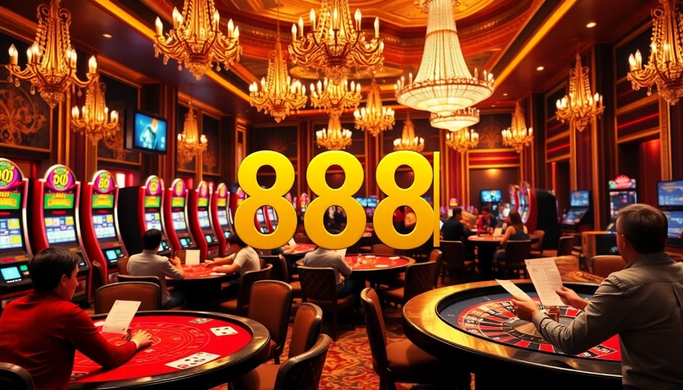 Players enjoying poker at 88I Casino with vibrant slot machines in a luxurious setting.