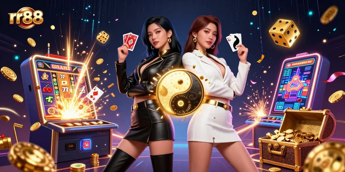 Experience the thrill of rr88 with twin Asian women showcasing powerful poses in a vibrant casino scene.