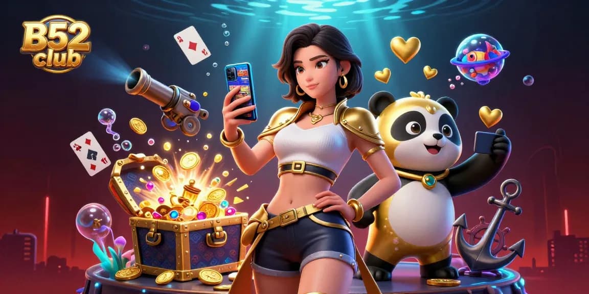 B52club showcases an engaging online gaming experience with a stylish woman and a golden panda enjoying a casino game.