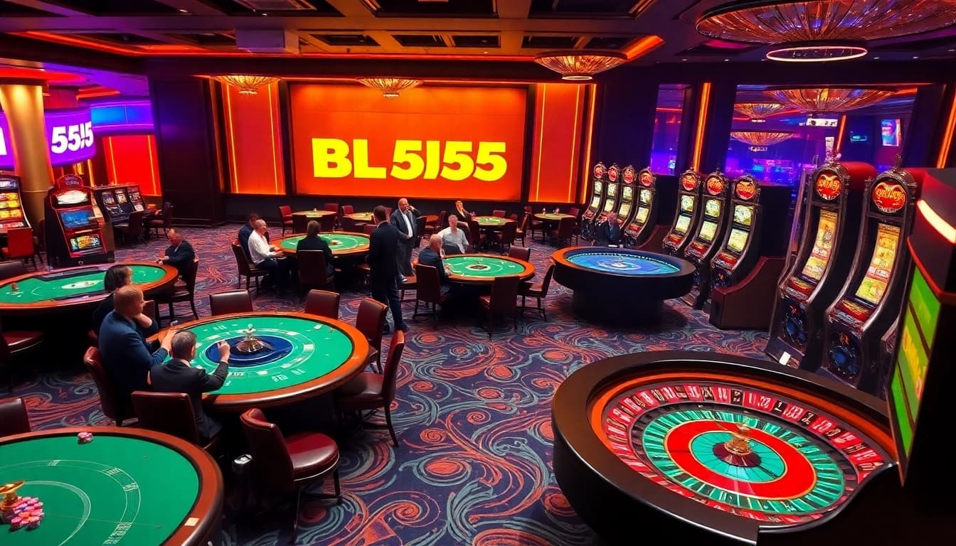 Gamblers enjoying the thrill of BL555 casino games with vibrant slot machines and poker tables.