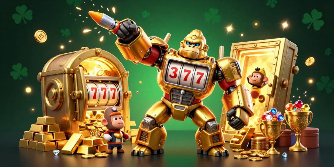 Socolive captures thrilling online gambling with a dynamic golden gorilla mech amidst gold coins and treasures.