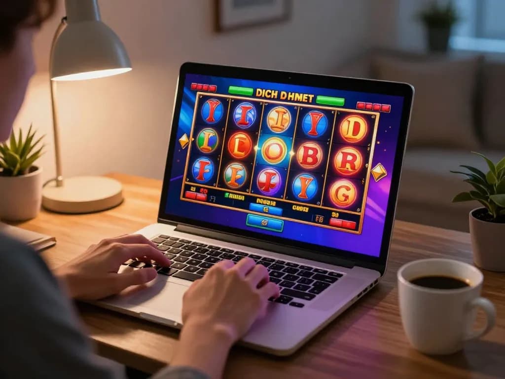 Player enjoying an exciting slot game at home with Au88, online gambling interface in focus.