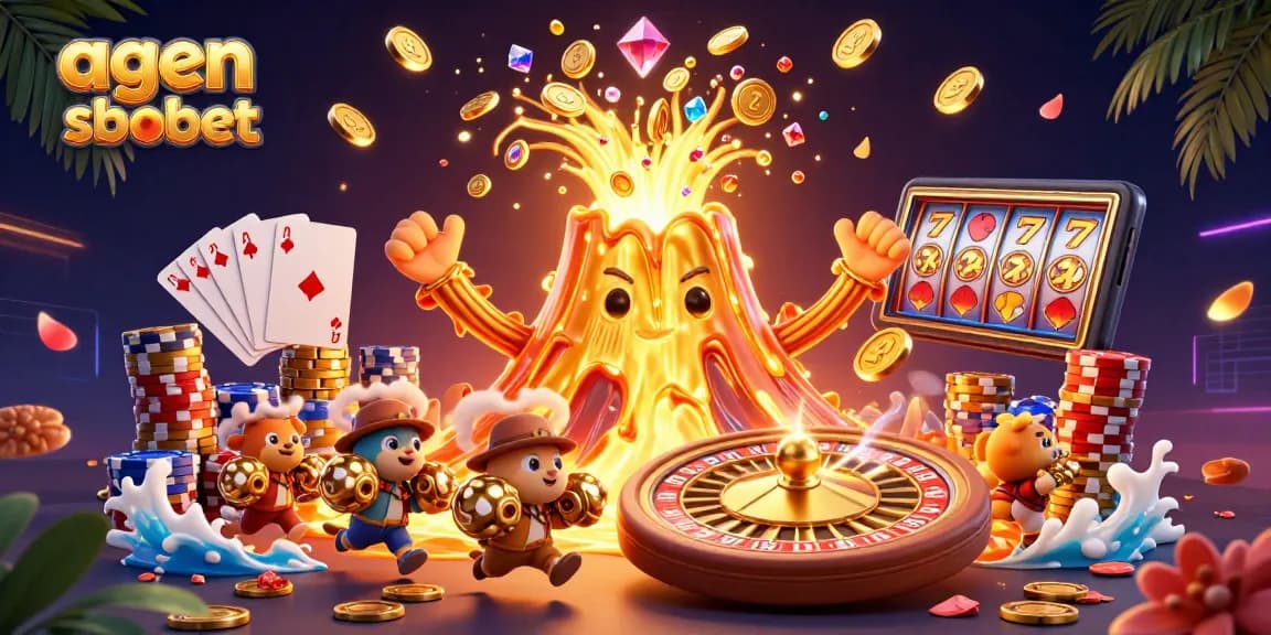 Engage in thrilling action with agen sbobet as a golden volcano erupts coins and gems, igniting a treasure hunt.