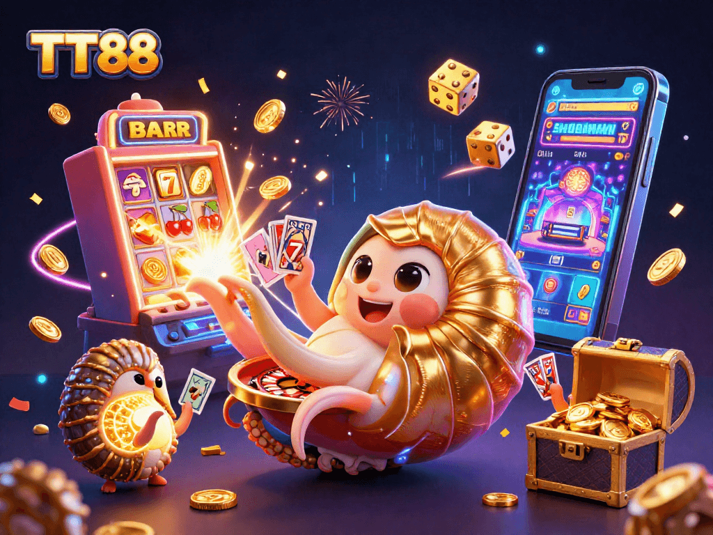 Experience the thrill of TT88 with a vibrant and dynamic casino-themed illustration.