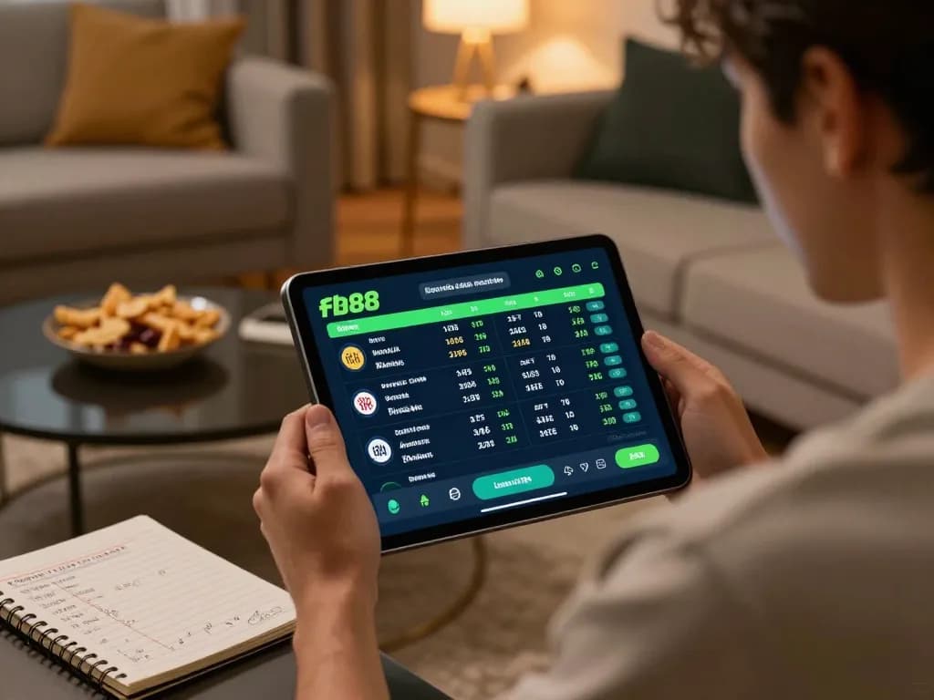 Engaged player using fb88 app for sports betting, showcasing live odds on tablet in cozy setting