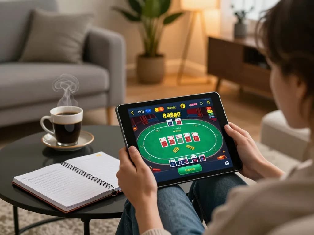 Engaging with ee88go poker game on a tablet, showcasing a comfortable home gambling experience.