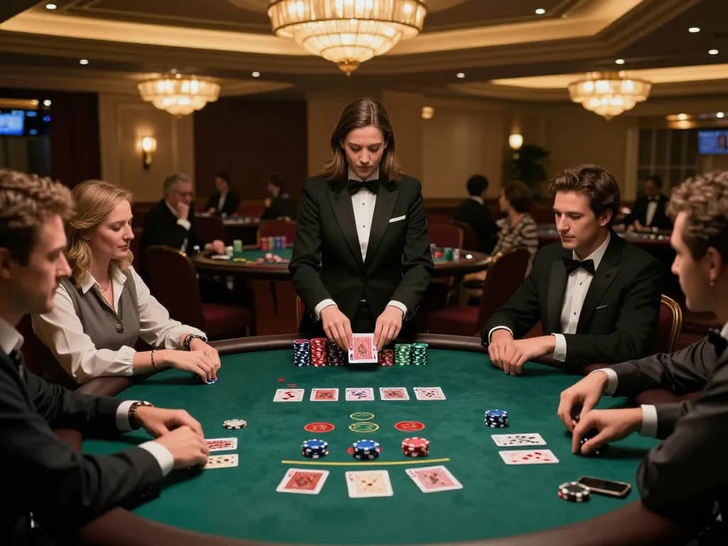 Fly88 gamers strategizing at an upscale blackjack table in a luxurious casino.