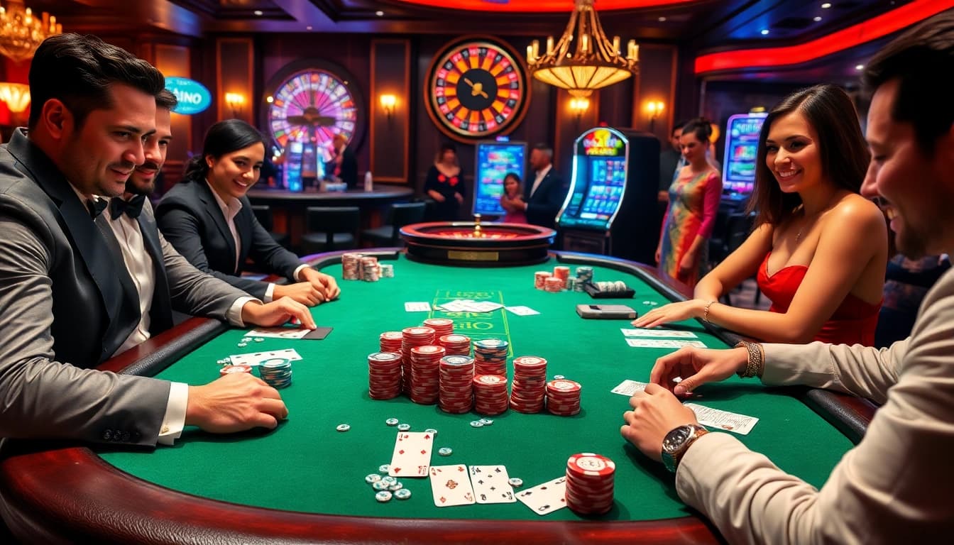 SODO Casino features an upscale poker game scene with excited players and vibrant poker chips.