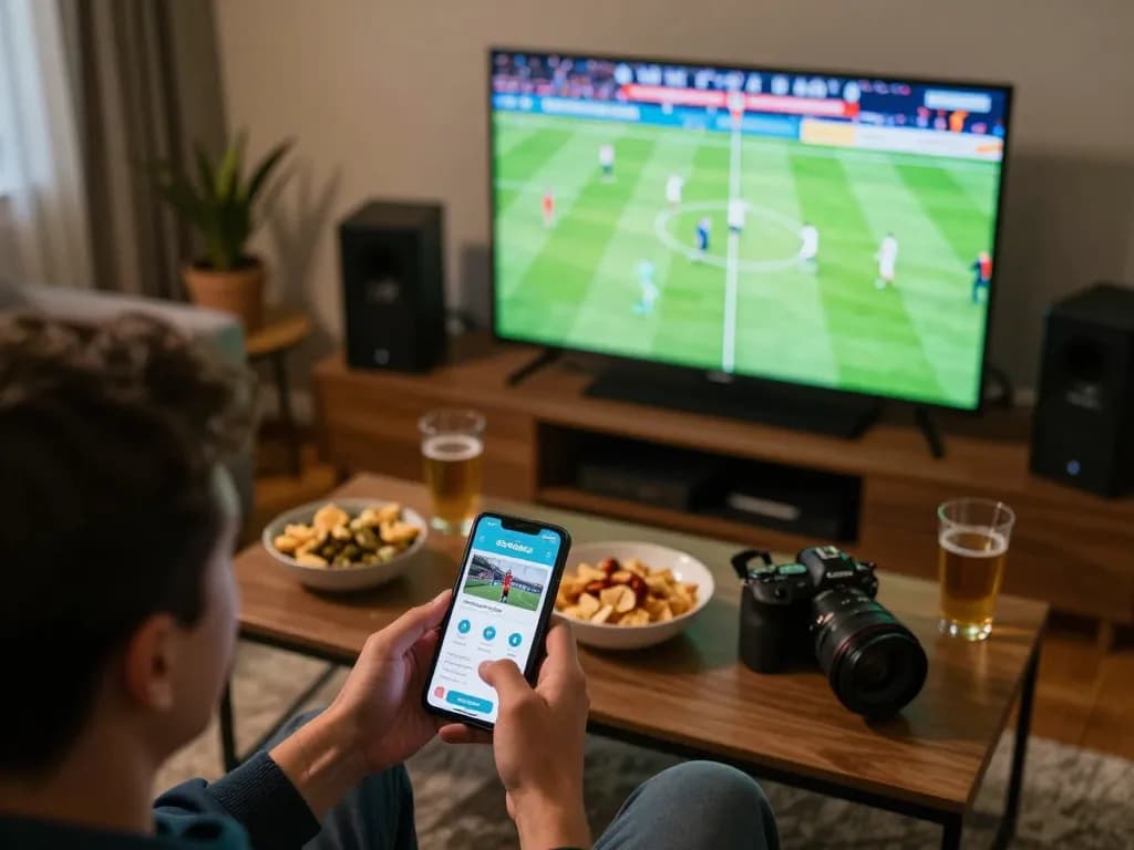 Socolive app displayed on smartphone while placing a bet at home during a football match viewing.