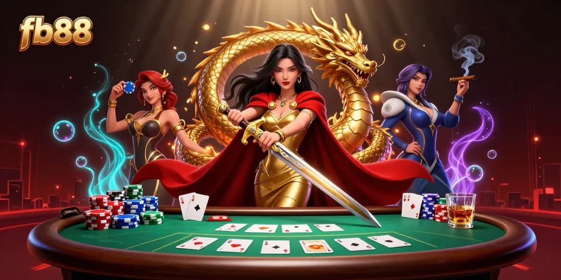 Engage with fb88's thrilling poker scene featuring a warrior queen and immersive casino elements.