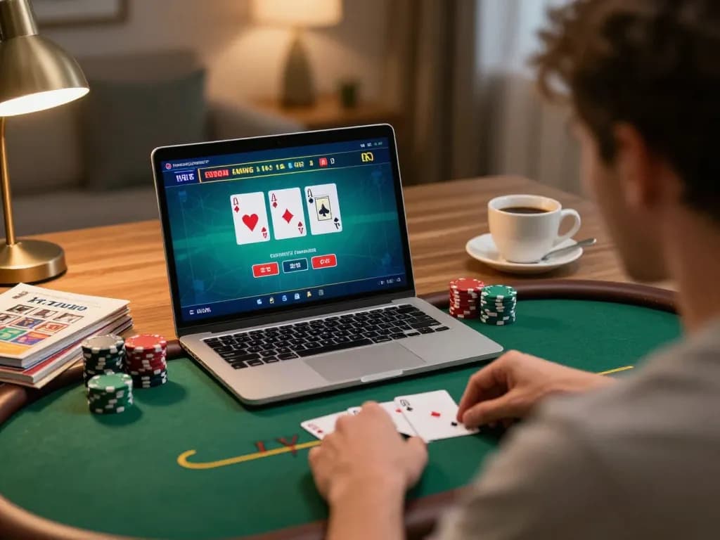 Engaged player using okking for strategic poker gameplay at home, showcasing a cozy atmosphere