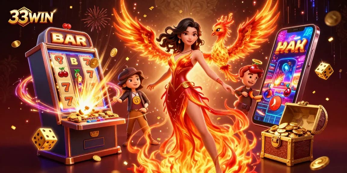 Experience the thrill of 33WIN with a stunning casino-themed illustration featuring dynamic jackpots and vibrant colors.