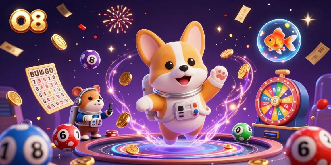 Experience thrilling gaming at O8 with a floating corgi astronaut amidst vibrant casino elements.