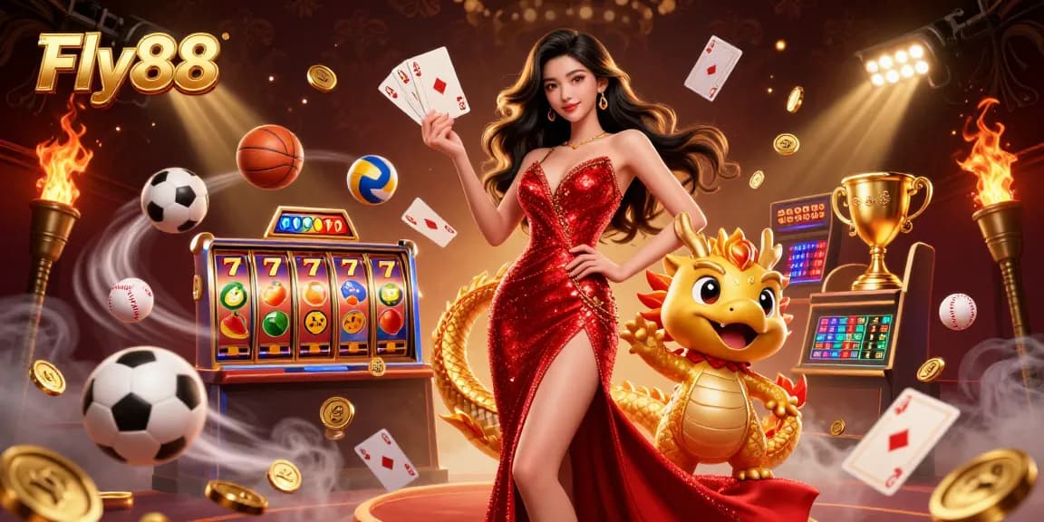 Engage with Fly88's thrilling gaming spirit, showcasing vibrant casino elements and an elegant hostess.