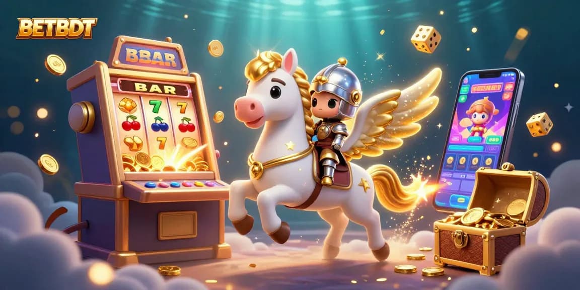 Experience the thrilling games at BETBDT, featuring a vibrant 3D illustration of a celestial horse and jackpot excitement.