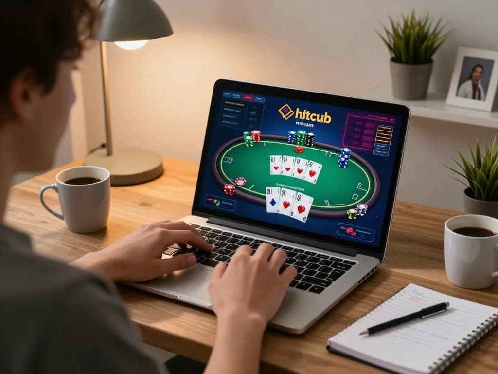 Engaged player using hitclub for online poker gaming at home with strategy notes visible.
