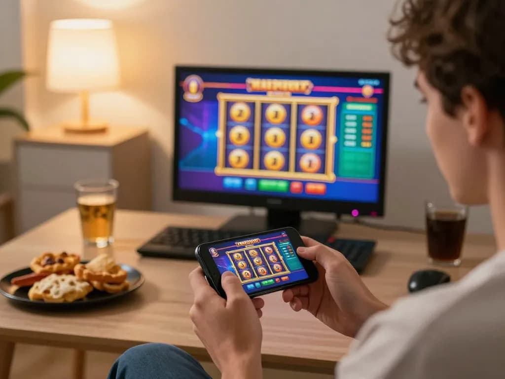 Navigating the NK88 mobile casino app while enjoying a vibrant gaming atmosphere with snacks and drinks.