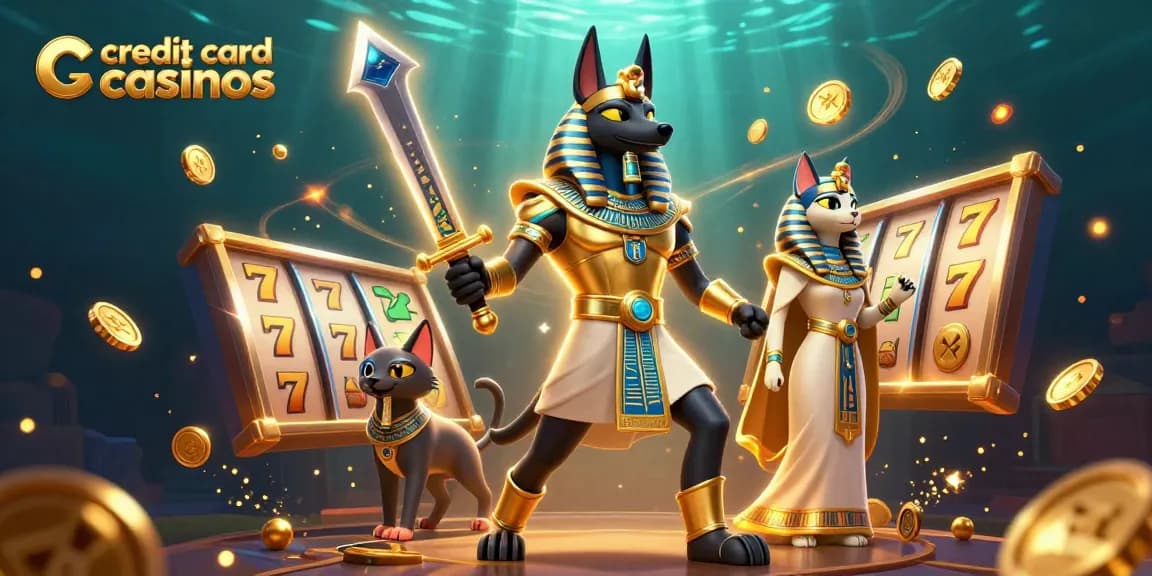 Engage with top credit card casinos in an action-packed scene of slot games and Egyptian warriors.