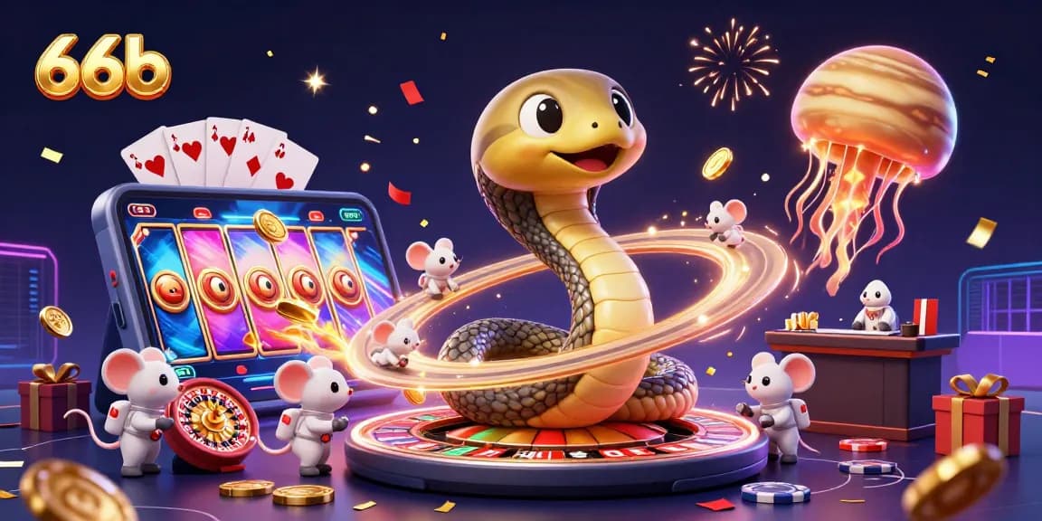 Experience thrilling cosmic gaming with 66b, featuring a roulette wheel and vibrant casino elements.