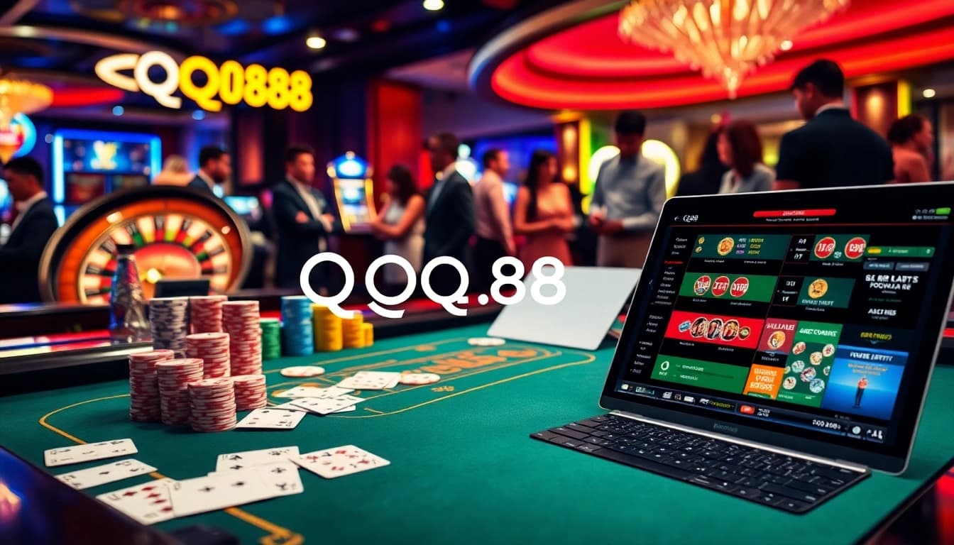 Gambling scene showcasing QQ88 logo with poker chips, roulette wheel, and cards.