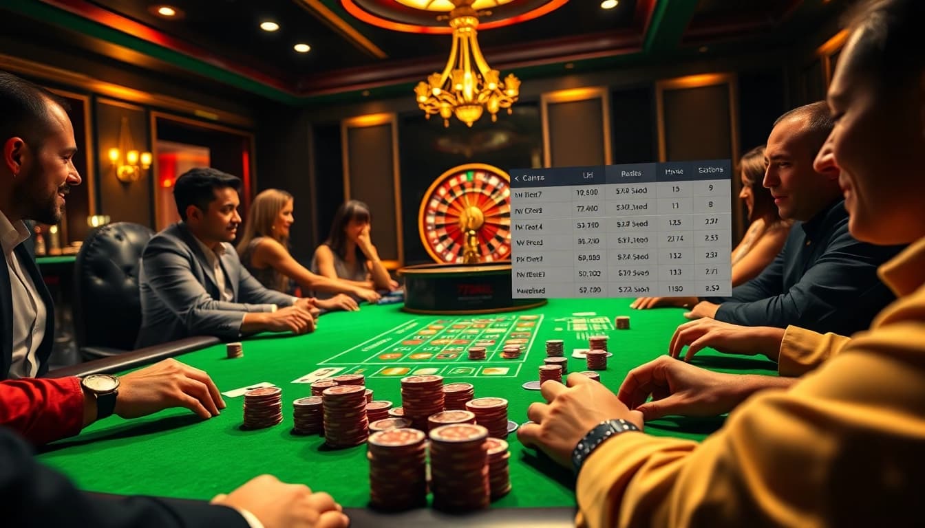 Players enjoy a thrilling poker game at 77BALL, showcasing vibrant chips and cards.