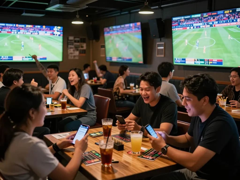 A vibrant sports bar scene showcasing agen bola sportsbook betting excitement with fans, drinks, and screens.