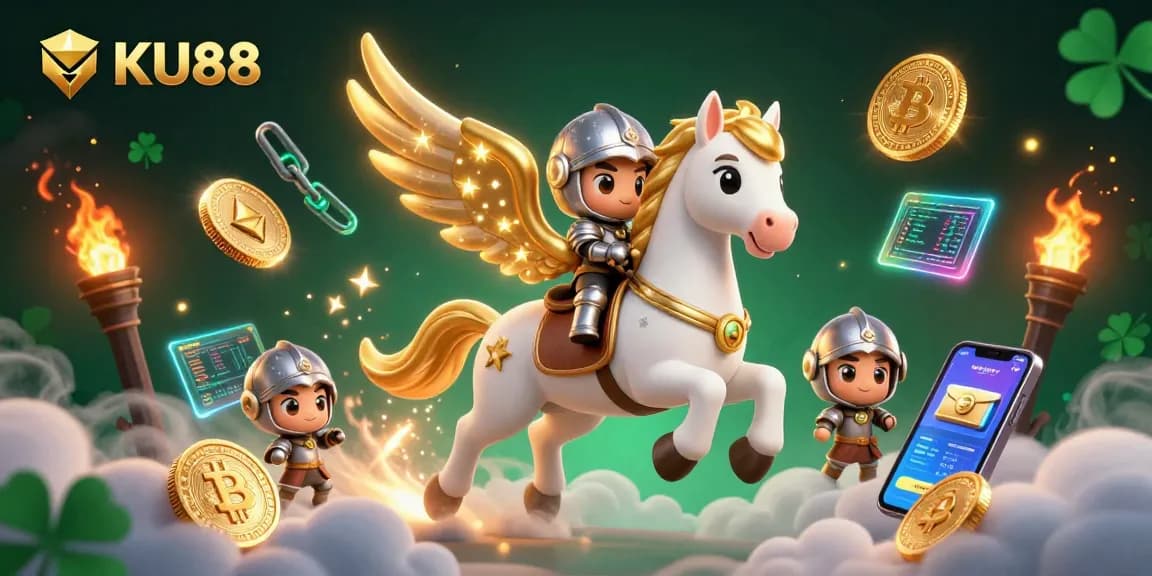 Experience the thrill of KU88 with a celestial horse and knight in a vibrant casino adventure.