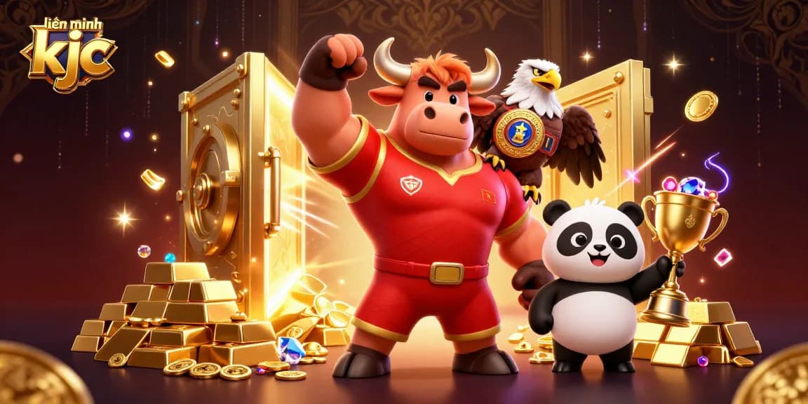 Join the fun with "liên minh kjc" as our bull mascot celebrates a big win surrounded by treasures and vibrant gaming elements!
