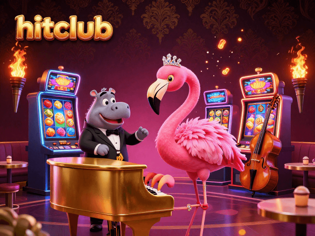 Engage with hitclub's lively 3D casino scene featuring a singing flamingo and hippo bassist by vibrant slot machines.