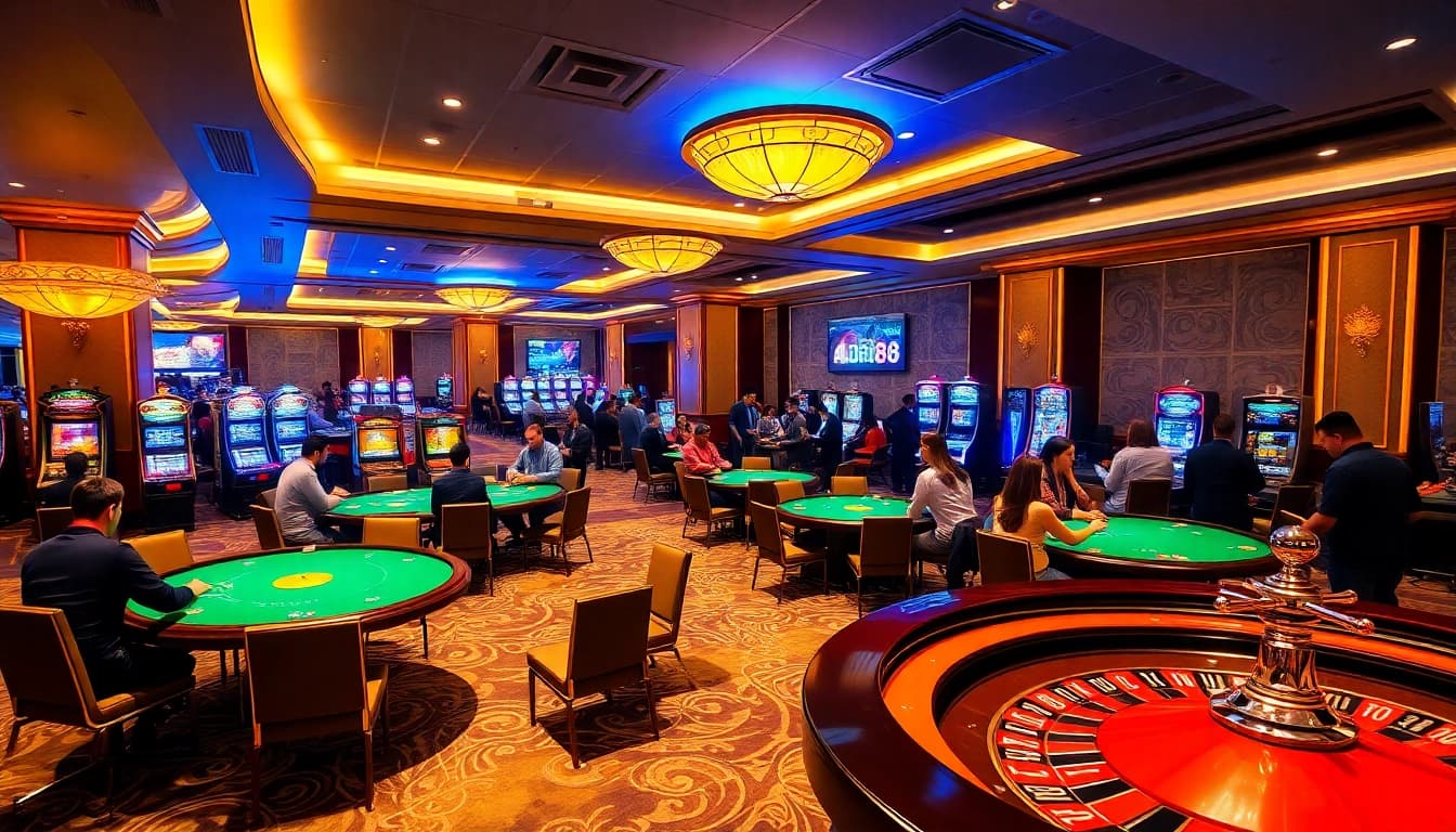 Twin68 - Enthusiastic players enjoying table games and slot machines in a vibrant casino scene