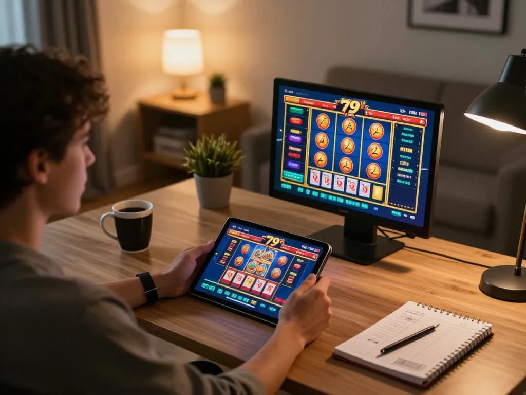 Engaged player enjoying fun 79 online casino gaming on tablet at home