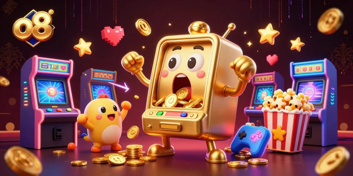 o8 gaming scene with a golden slot machine hitting a jackpot amid cheering baby slots and vibrant arcade elements