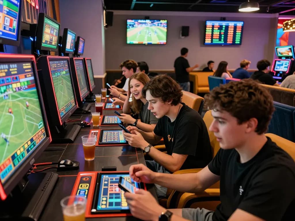 Sunwin gaming lounge with young adults using betting terminals and smartphones, showcasing excitement and energy.