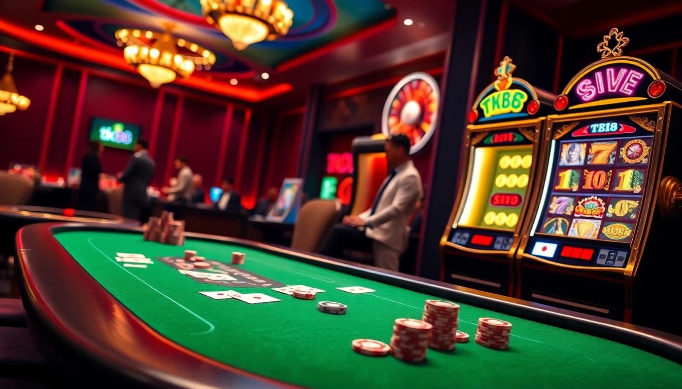 Engage in thrilling gambling action at tk88 with vibrant casino tables and poker chips.