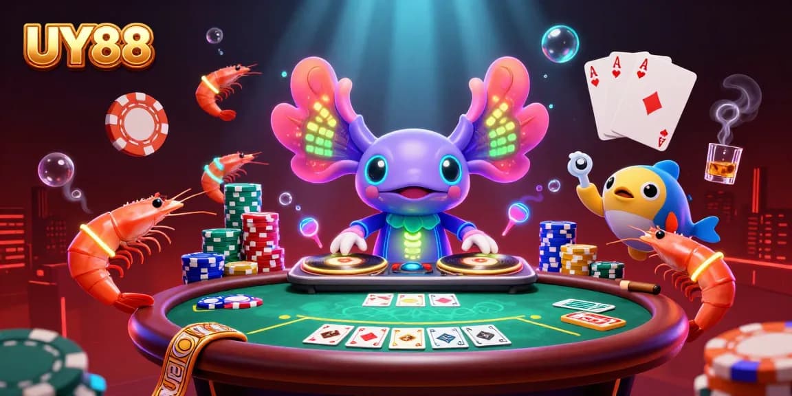 Experience UY88's energetic underwater casino scene with a neon axolotl DJ and vibrant game elements.