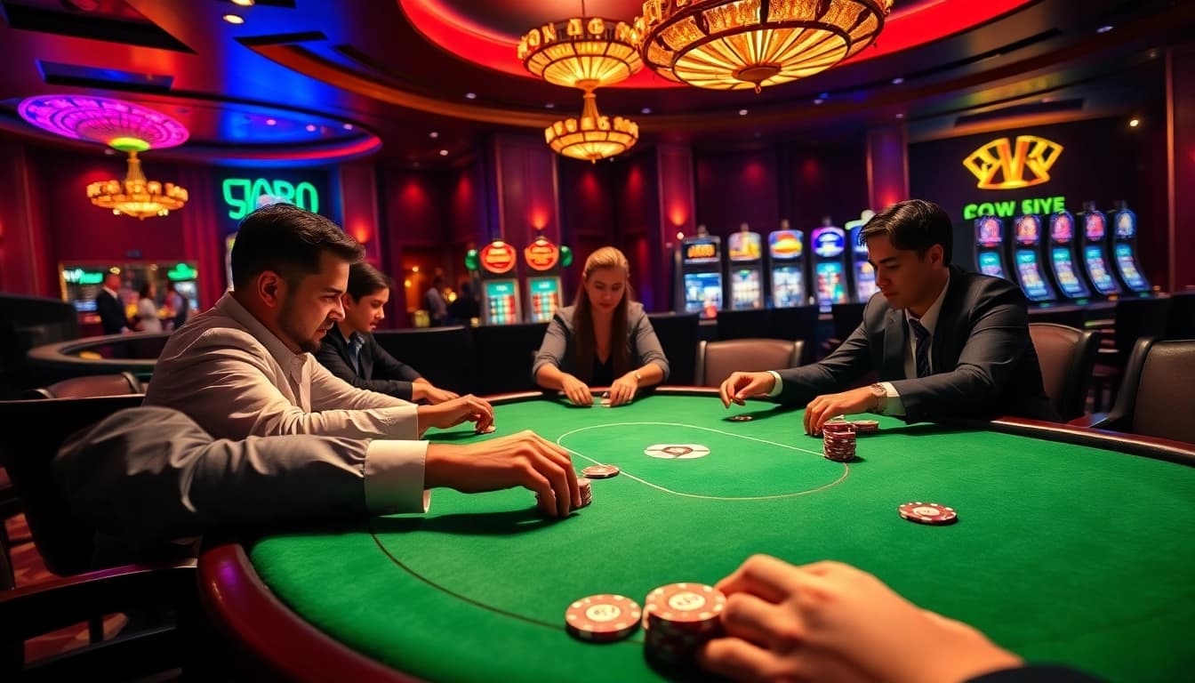 Players enjoying a thrilling poker game at KP 88 casino, showcasing vibrant chips and excitement.