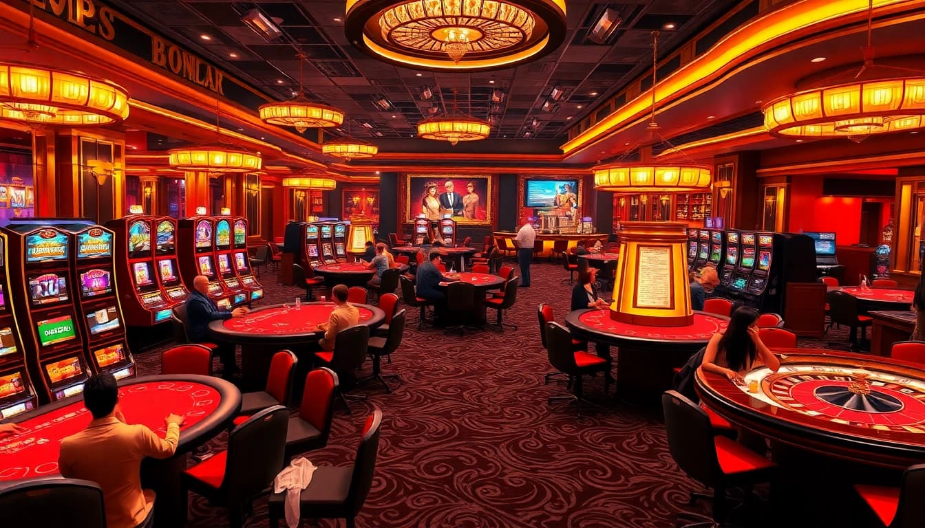 Nohu90 players enjoying high-stakes poker and vibrant slot machines in a luxurious casino environment
