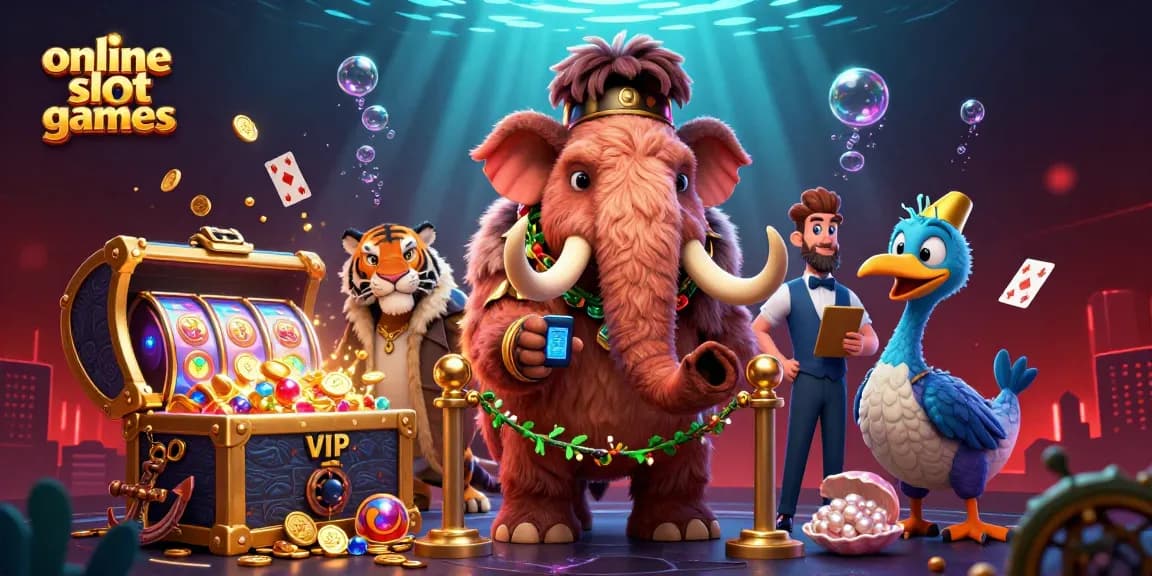 Engage with online slot games in a vibrant casino scene featuring a woolly mammoth bouncer.