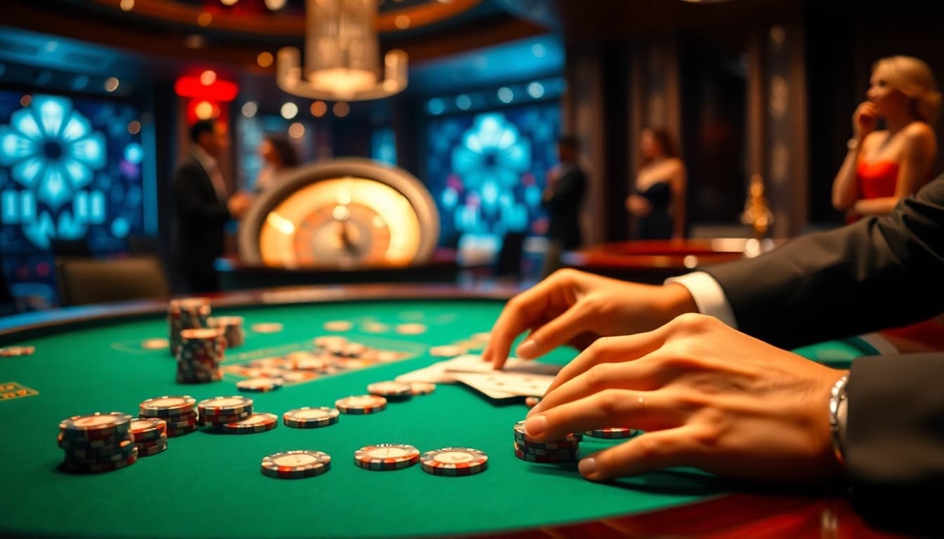 Experience thrilling gameplay at https://luongsontv5.com/ with a luxurious casino atmosphere featuring poker tables and high-stakes excitement.