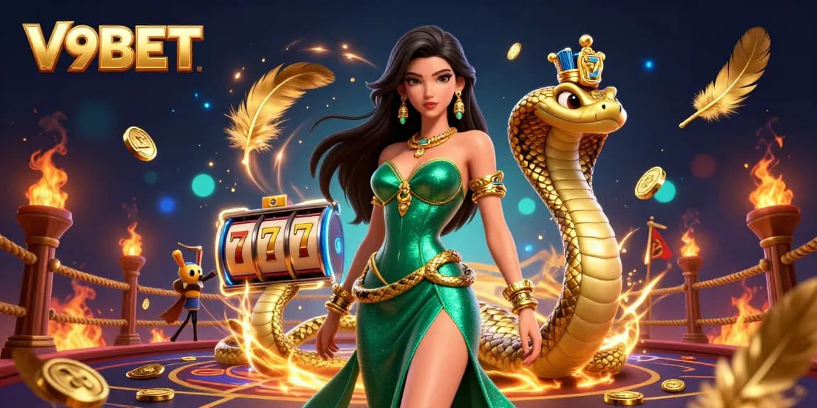 Experience thrilling gaming at V9BET with an enchanting 3D casino scene featuring vibrant characters and dynamic elements.