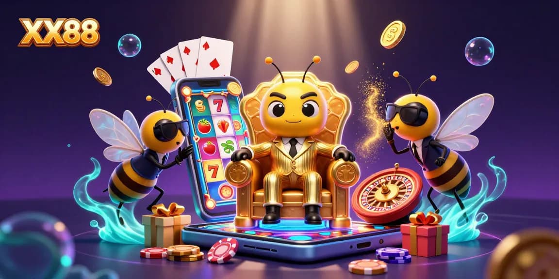 Experience the thrills of XX88 with a vibrant 3D illustration showcasing exciting slot games and a buzzing atmosphere.