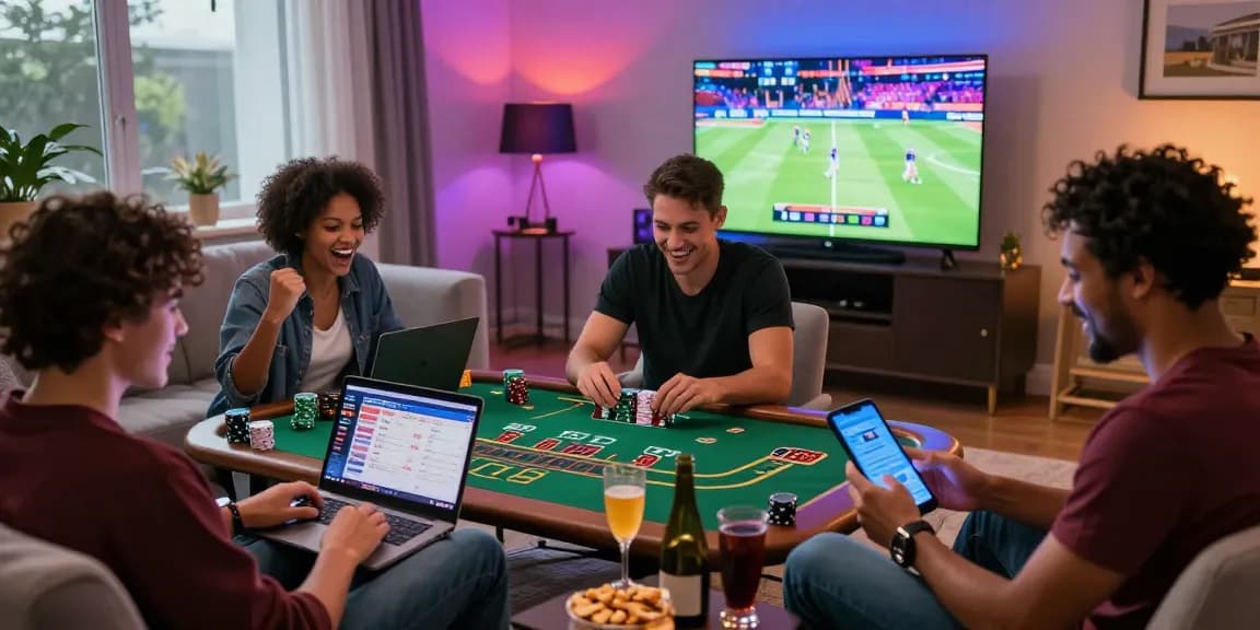 Exciting group gaming experience with friends enjoying 123 b online casino games in a vibrant living room.