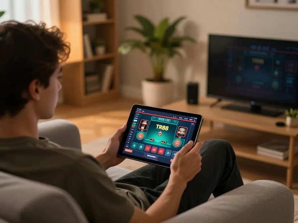Experience thrilling online betting with TR88 in a cozy home gaming setup.