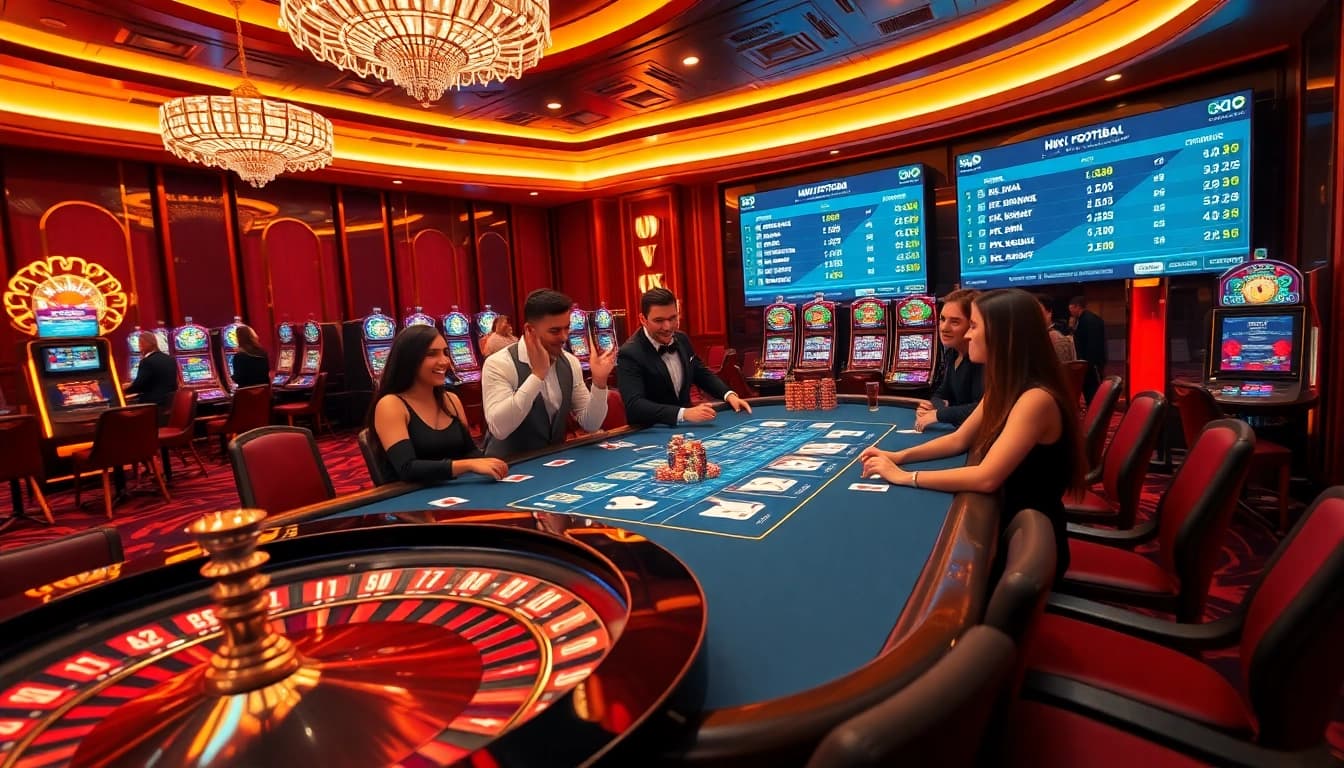 Exciting gambling scene featuring casino tables, cards, and the interface of https://kjc.football/.
