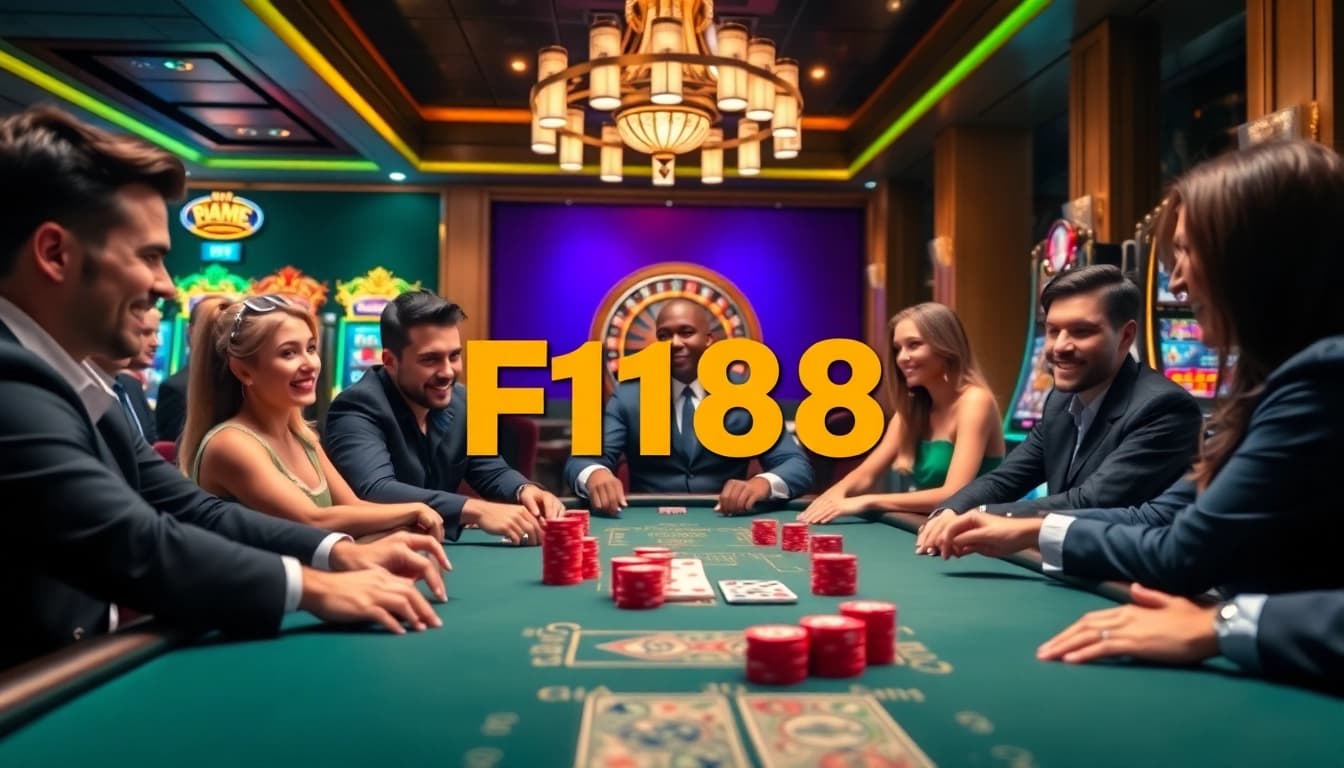 Players enjoy a thrilling poker game at F168, showcasing excitement and luxury in online gambling.