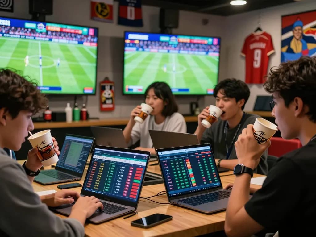 Enthusiastic bettors analyzing kèo nhà cái data in a vibrant sports environment with live match displays.