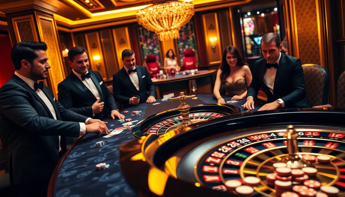 Daga-themed casino scene with players enjoying poker and roulette in a vibrant atmosphere.